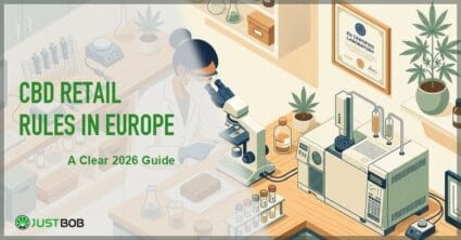 Justbob featured banner for CBD Retail Rules In Europe: A Clear 2026 Guide, with green title overlay and hemp editorial background