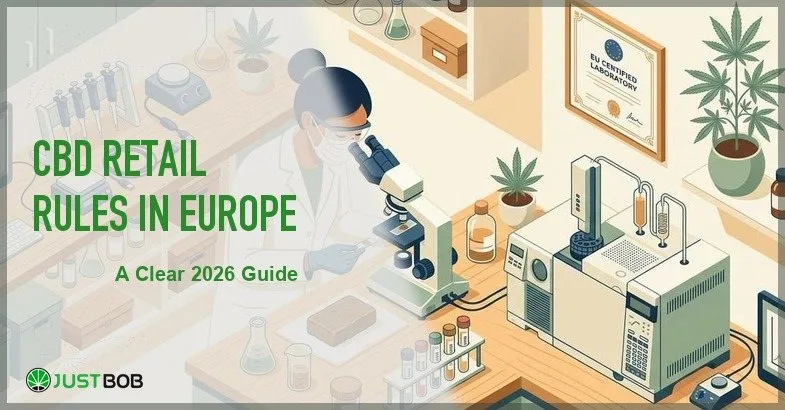 cbd-retail-rules-europe Justbob featured banner for CBD Retail Rules In Europe: A Clear 2026 Guide, with green title overlay and hemp editorial background