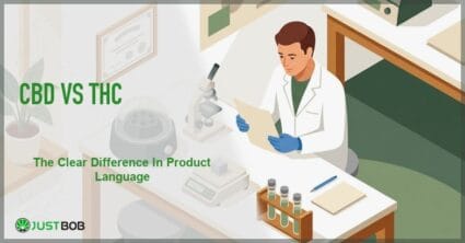Justbob featured banner for CBD vs THC: The Clear Difference In Product Language, with green title overlay and hemp editorial background