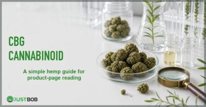 Justbob featured banner for CBG Cannabinoid: petri dish of buds, glass flasks, test tubes with rosemary and brass magnifying glass on bright desk