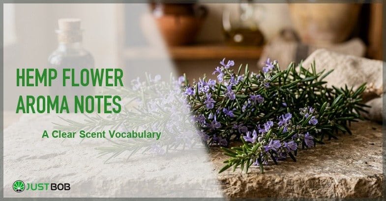 Justbob featured banner for Hemp Flower Aroma Notes: A Clear Scent Vocabulary, with green title overlay and hemp editorial background