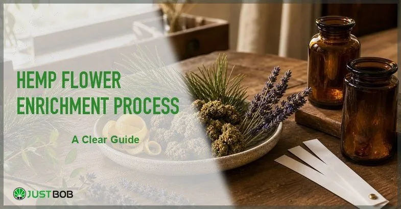 Justbob featured banner for Hemp Flower Enrichment Process: bowl of buds with pine, lavender, lemon peel and amber bottles still life on dark wood