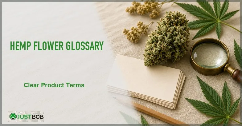 hemp-flower-glossary Justbob Hemp Flower Glossary banner with green title, hemp bud, stack of blank vocabulary cards, brass loupe and pencil