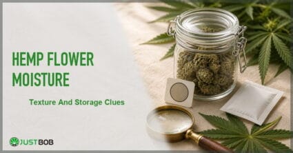 Justbob Hemp Flower Moisture banner with green title, clip-closure jar of hemp buds, humidity card, white sachet and brass loupe