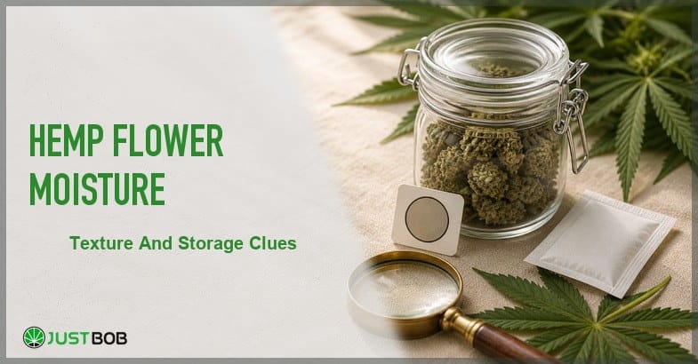 Justbob Hemp Flower Moisture banner with green title, clip-closure jar of hemp buds, humidity card, white sachet and brass loupe