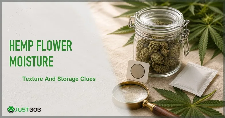 Justbob Hemp Flower Moisture banner with green title, clip-closure jar of hemp buds, humidity card, white sachet and brass loupe