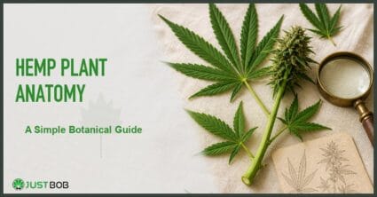 Justbob Hemp Plant Anatomy banner with green title, hemp plant cutting, fan leaves, small bud and brass loupe