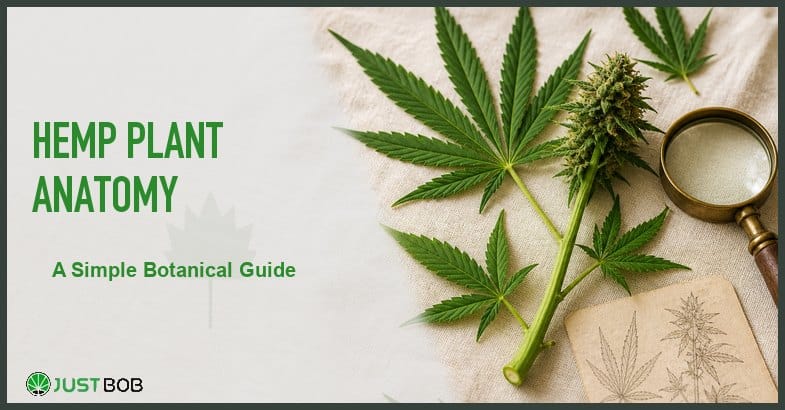 Justbob Hemp Plant Anatomy banner with green title, hemp plant cutting, fan leaves, small bud and brass loupe