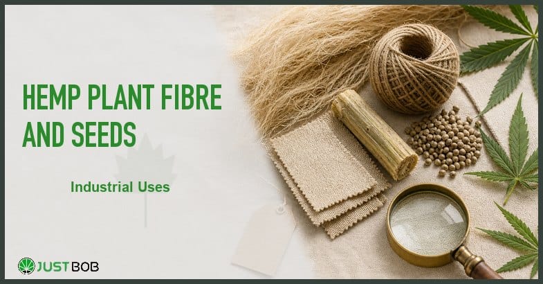 Justbob featured banner for Hemp Plant Fibre And Seeds: bast fibre, twine coil, seeds, canvas swatches and brass loupe on cream linen