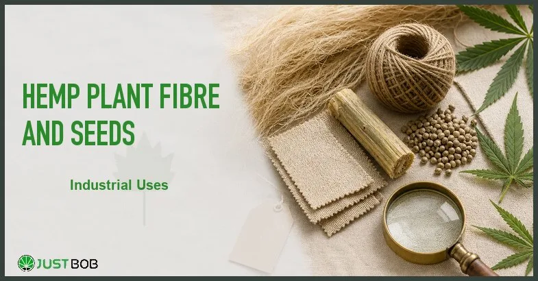 Justbob featured banner for Hemp Plant Fibre And Seeds: bast fibre, twine coil, seeds, canvas swatches and brass loupe on cream linen