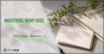 Justbob featured banner for Industrial Hemp Uses: hemp sprig with seeds, blank paper stack, white-cream samples, glass loupe and clear vial on cream stone