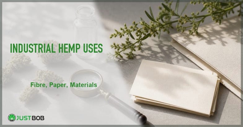 Justbob featured banner for Industrial Hemp Uses: hemp sprig with seeds, blank paper stack, white-cream samples, glass loupe and clear vial on cream stone