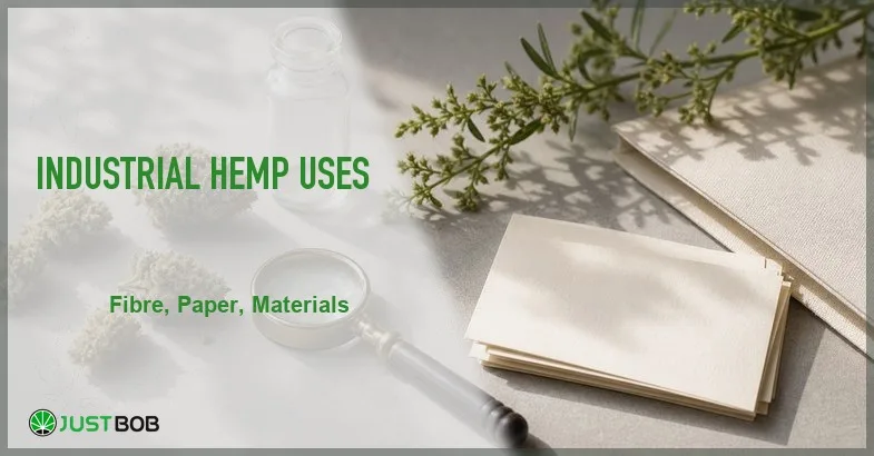 Justbob featured banner for Industrial Hemp Uses: hemp sprig with seeds, blank paper stack, white-cream samples, glass loupe and clear vial on cream stone