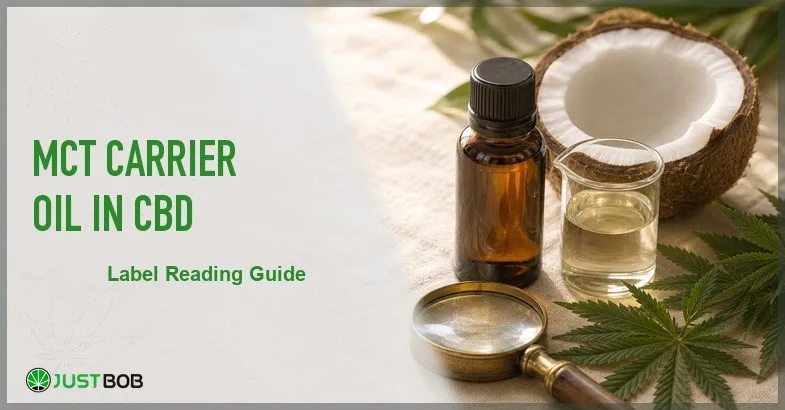 mct-carrier-oil-cbd Justbob MCT Carrier Oil In CBD banner with green title, amber dropper bottle, glass oil beaker, half coconut and brass loupe
