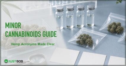 Justbob featured banner for Minor Cannabinoids Guide: four glass vials, two ziplock bags with buds, blank cards, small magnifier and cannabis leaf