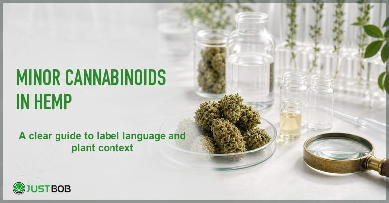 Justbob featured banner for Minor Cannabinoids In Hemp: petri dish with buds, clear glass vials, brass magnifying glass and test tubes with sprigs