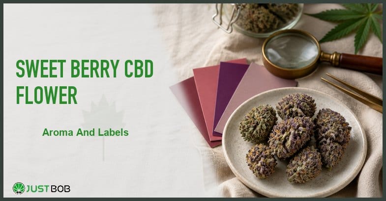 Justbob featured banner for Sweet Berry CBD Flower: purple-toned buds, fan of burgundy aroma cards, sealed jar and brass loupe on cream linen