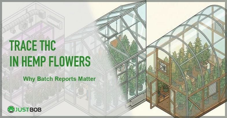 Justbob featured banner for Trace THC In Hemp Flowers: Why Batch Reports Matter, with green title overlay and hemp editorial background