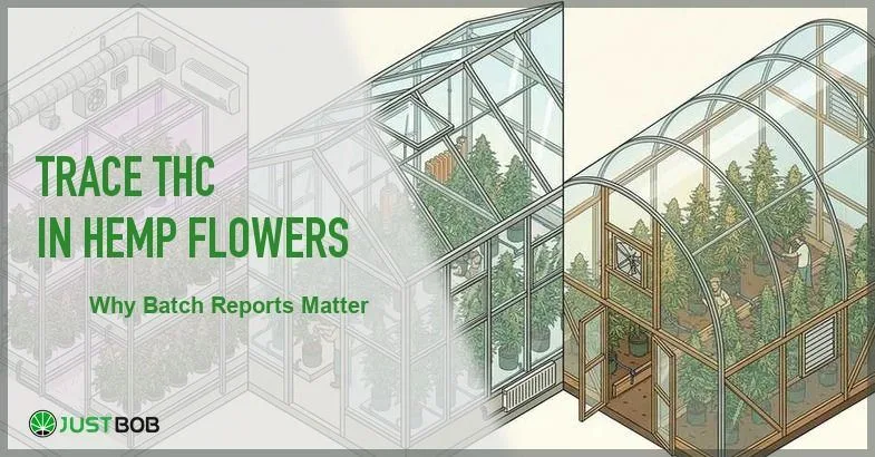 Justbob featured banner for Trace THC In Hemp Flowers: Why Batch Reports Matter, with green title overlay and hemp editorial background