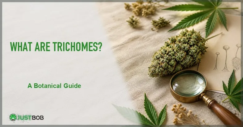 what-are-trichomes Justbob featured banner for What Are Trichomes? with green title overlay, frosted hemp bud, brass loupe and trichome sketch card on linen
