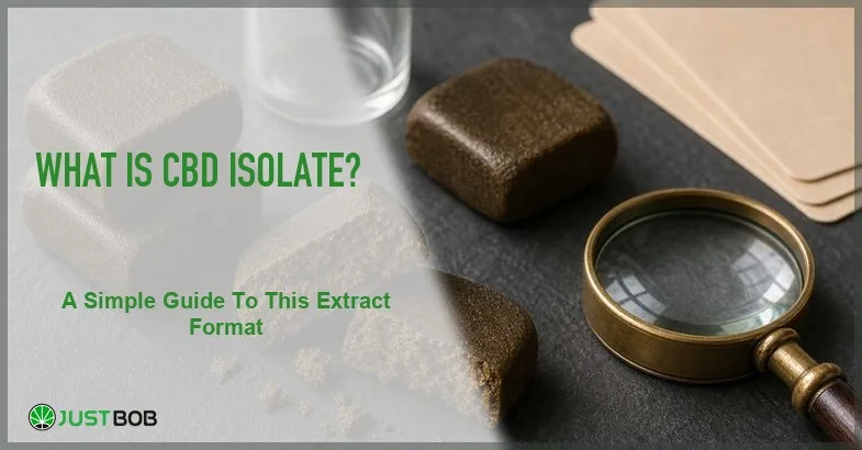 Justbob featured banner for What Is CBD Isolate? A Simple Guide To This Extract Format, with green title overlay and hemp editorial background