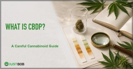 Justbob What Is CBDP banner with green title, glass beaker with hemp bud, chromatography strips, brass loupe and open notebook