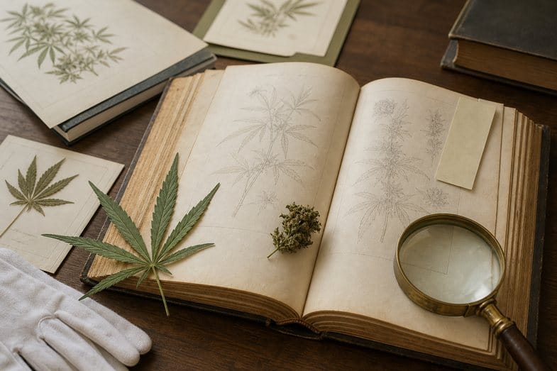 Open botanical book with hemp leaves, flower sample and magnifying glass for cannabis art history