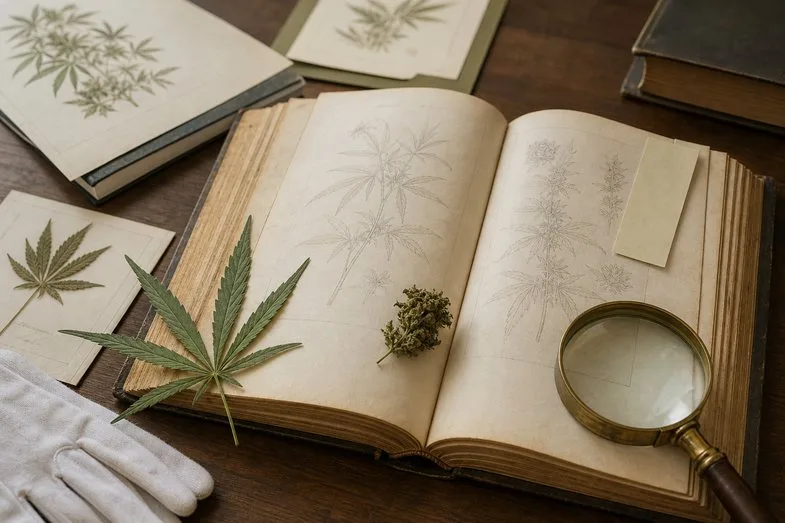 Open botanical book with hemp leaves, flower sample and magnifying glass for cannabis art history