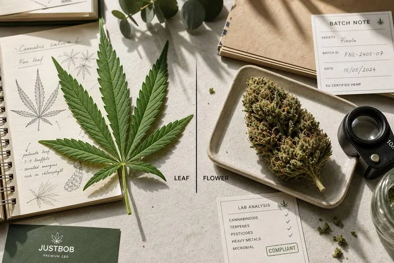 cannabis-leaves-vs-cbd-flowers-comparison Cannabis fan leaf on a botanical notebook beside a CBD flower sample, loupe and batch note