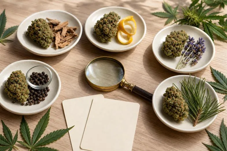 cbd-flower-aroma-families-detail CBD flower aroma family samples in ceramic dishes with botanical notes, blank cards and brass magnifying glass