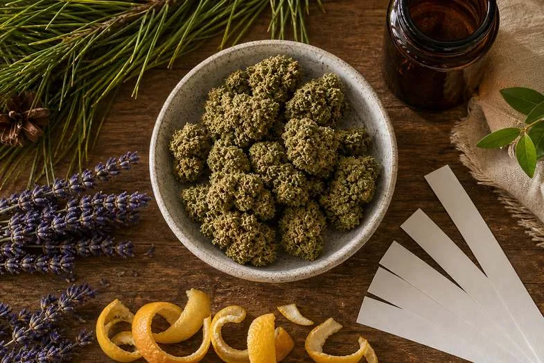 CBD flower bowl with scent blotters, pine, lavender and citrus peel on a wooden desk