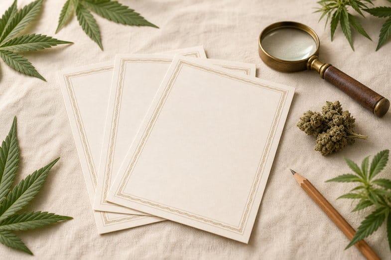 Editorial still life of three blank CBD flower certificate sheets on cream linen with a brass loupe, hemp bud and pencil