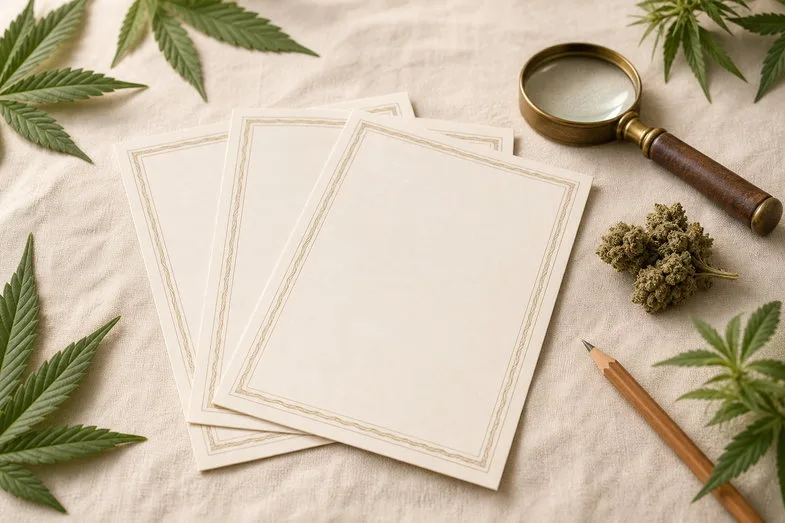 cbd-flower-certificates-detail Editorial still life of three blank CBD flower certificate sheets on cream linen with a brass loupe, hemp bud and pencil