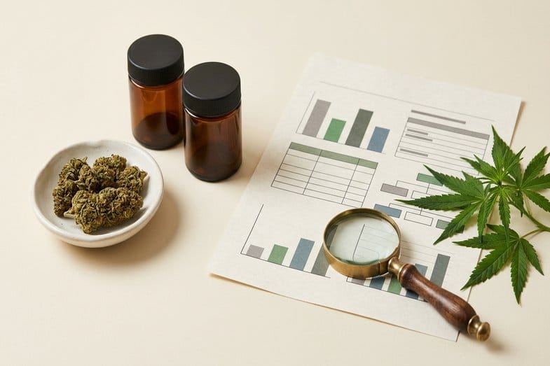 CBD flower buds beside amber sample jars, an anonymous lab sheet and a brass magnifier on a studio desk