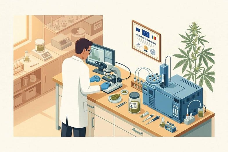 Lab technician examines CBD flower samples beside analysis equipment and a framed EU laboratory certificate