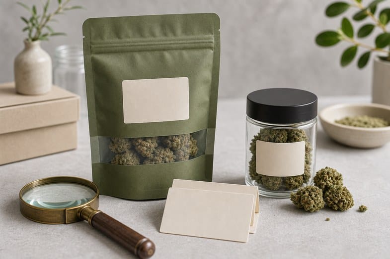 Plain CBD flower pouch and jar with blank labels, blank cards and magnifying glass