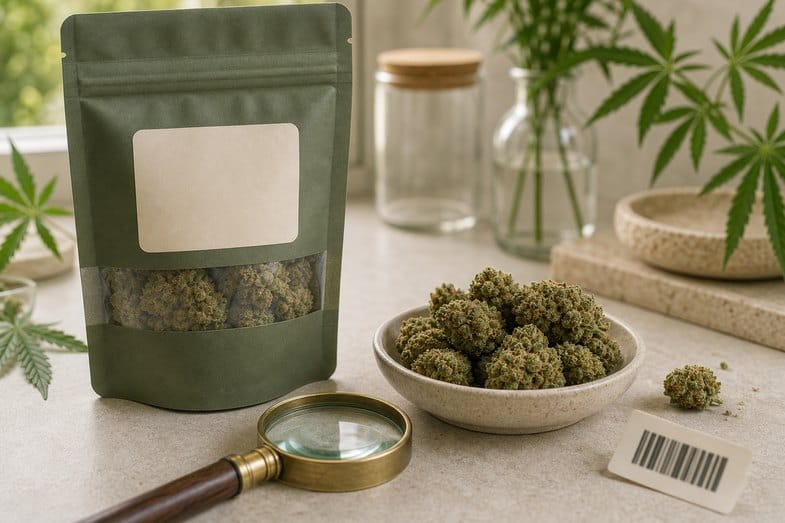 Blank green CBD flower pouch with buds, magnifier and abstract batch-code sticker on a product desk