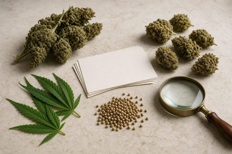 CBD hemp flower buds with loose leaves, hemp seeds, blank cards and a magnifying glass
