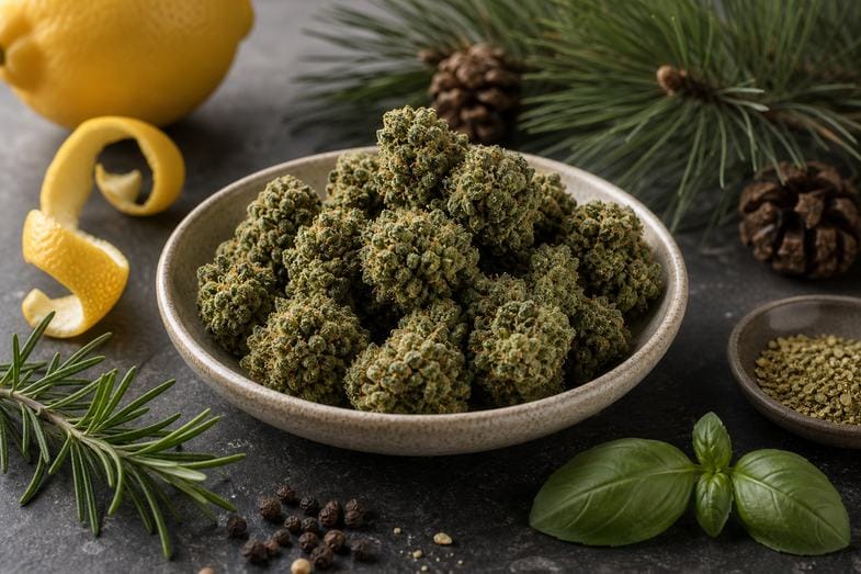 CBD flower bowl with citrus peel, herbs and botanical elements for terpene aroma notes