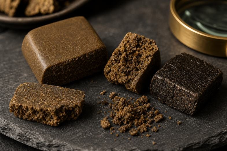 CBD hash pieces with smooth, compact and crumbly textures shown on a dark slate surface