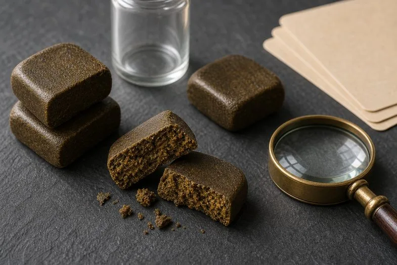 Compact CBD hash blocks with broken resin edges, blank cards, a vial and magnifying glass on slate
