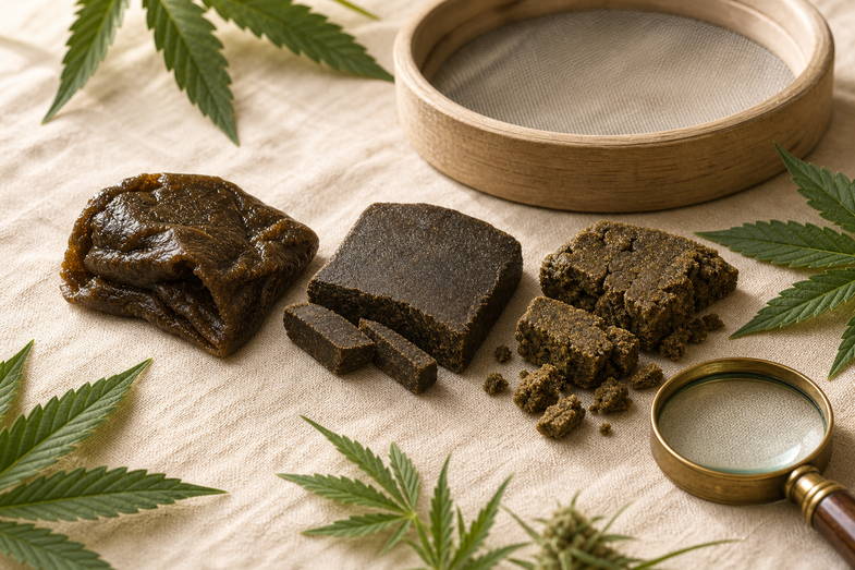 Editorial still life of three CBD hash slabs on cream linen with a fine mesh sieve frame, brass loupe and fresh hemp leaves