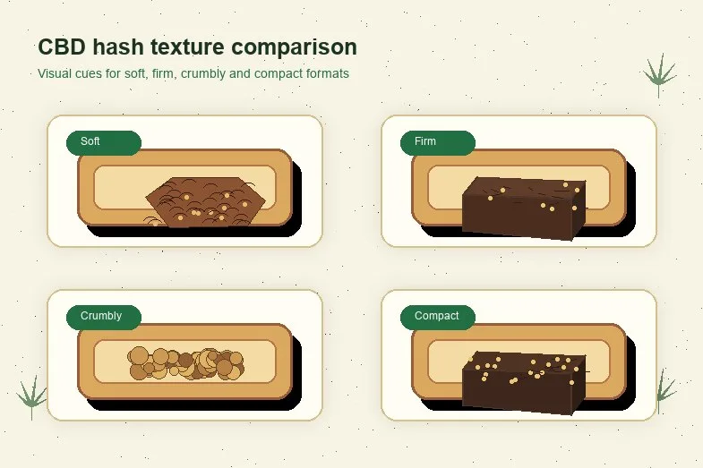 cbd-hash-texture-comparison Illustrated comparison of soft firm crumbly and compact CBD hash textures on small trays