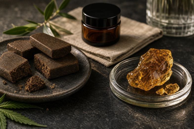 Pressed CBD hash pieces beside an amber extract shard on dark stone for format comparison