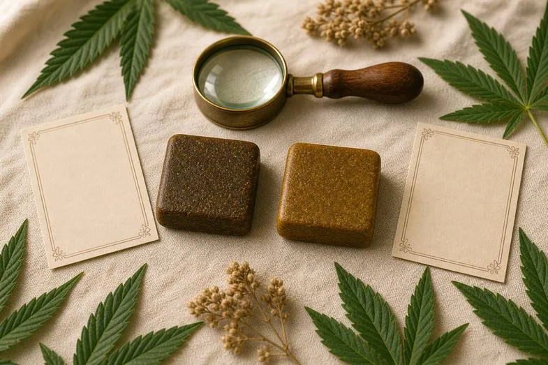 cbd-hash-vs-thc-hash-detail Editorial still life with two hash slabs, blank parchment cards, brass loupe and hemp leaves on cream linen
