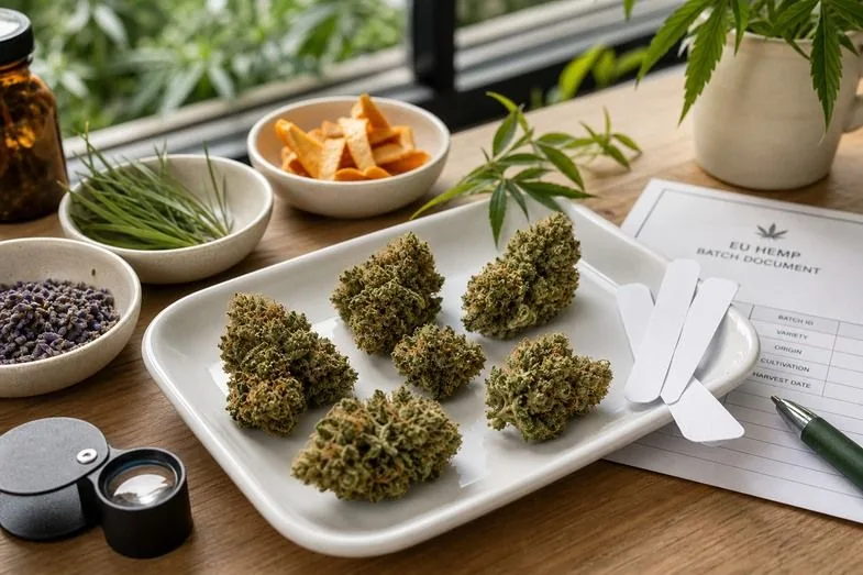 CBD hemp flower samples on a white tray with scent blotters, citrus peel, pine needles and lavender