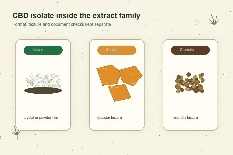 CBD isolate shatter and crumble comparison cards showing different extract textures