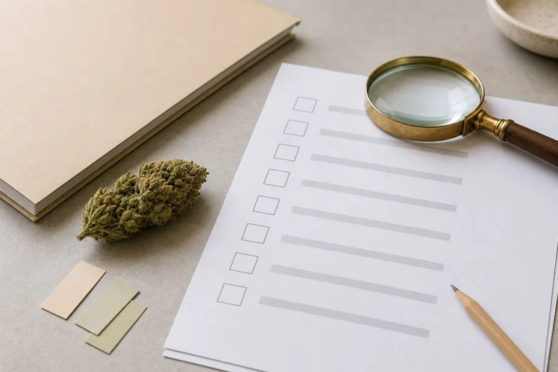 cbd-laws-in-europe-detail CBD laws in Europe checklist sheet with hemp flower bud, magnifying glass and blank desk notes