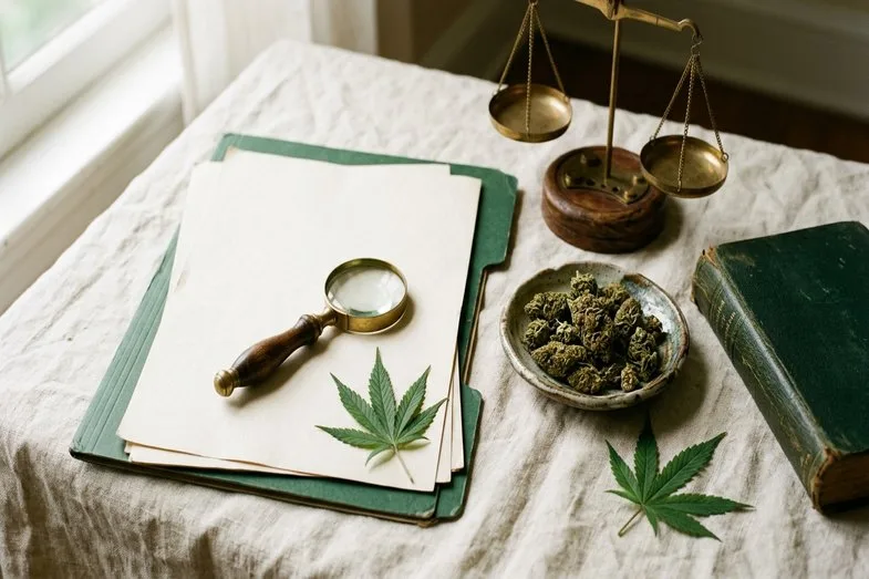 cbd-legal-framework-italy-documents Blank legal documents, magnifying glass, scales and hemp sample for CBD framework reading