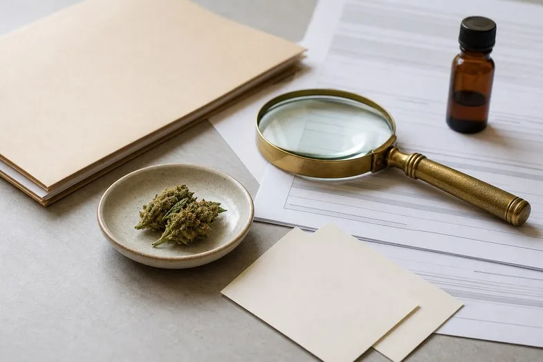 CBD legal in Europe desk with hemp flower sample, magnifying glass and blank regulatory papers